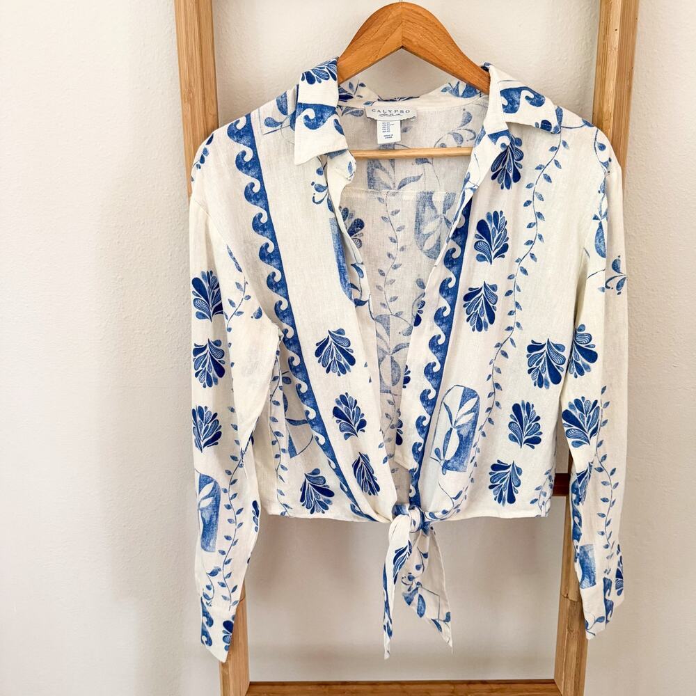 Calypso St. Barth Linen Blend Blue White Tie Front Crop Top XS Coastal Boho